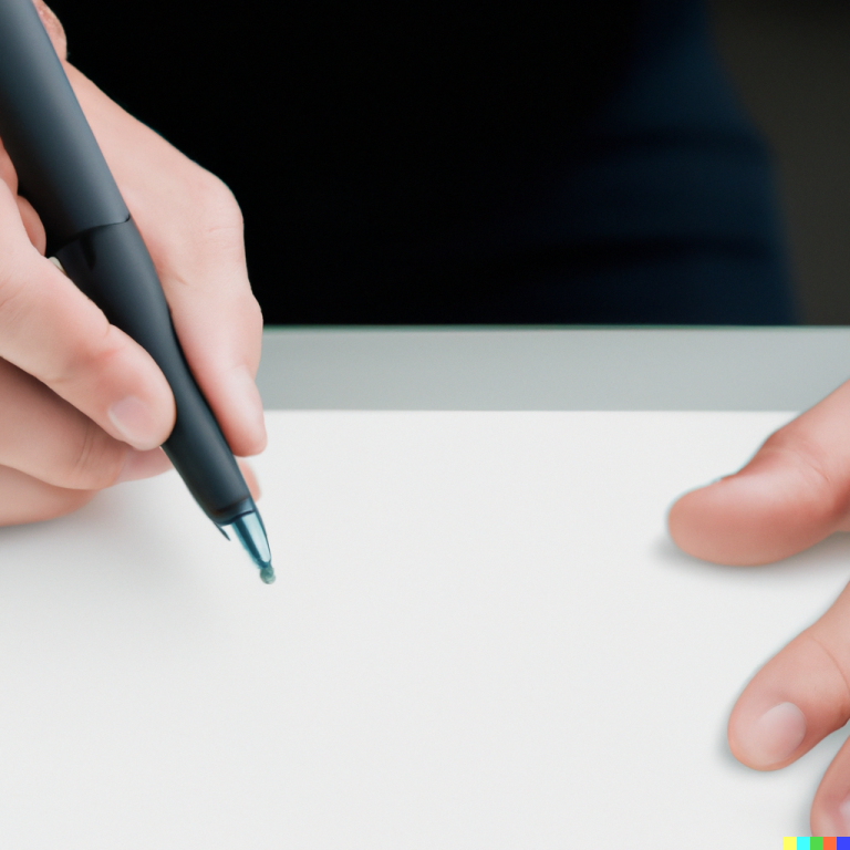 Billede af papir, et par hænder og en blyant som skal til at skrive